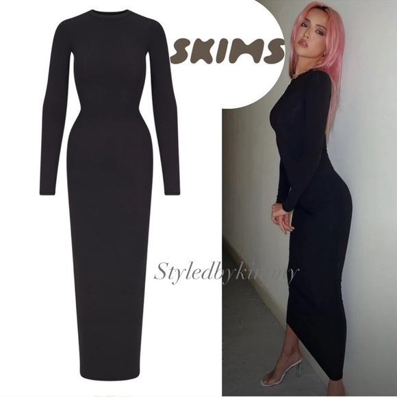 SKIMS FITS EVERYBODY CREW NECK LONG SLEEVE DRESS Onyx Black XS NWT - Picture 1 of 8